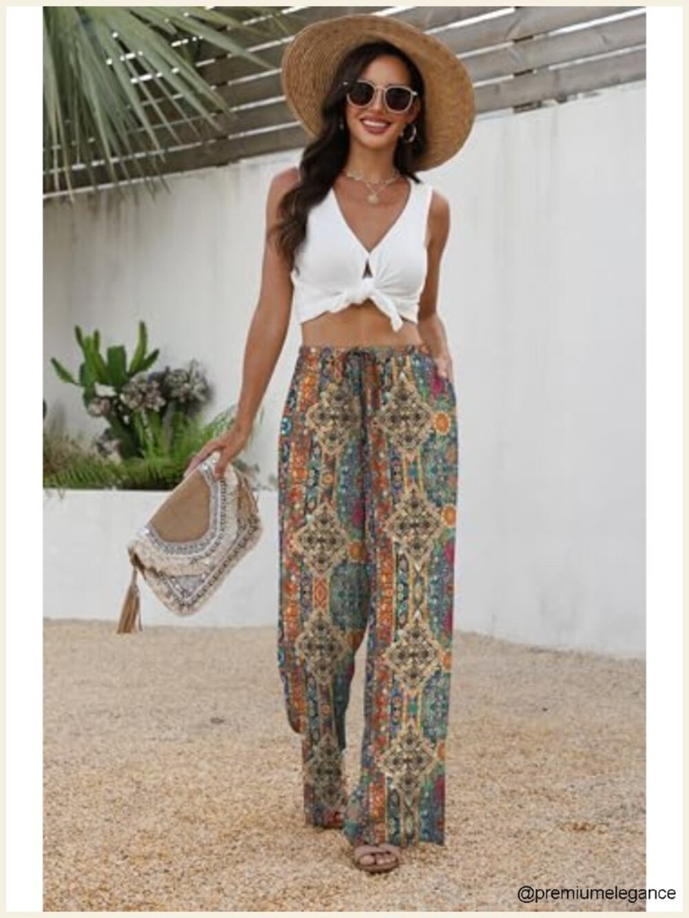 Wide Leg Palazzo Pants with Pockets Drawstring Elastic Waist Summer - Picture 2 of 4